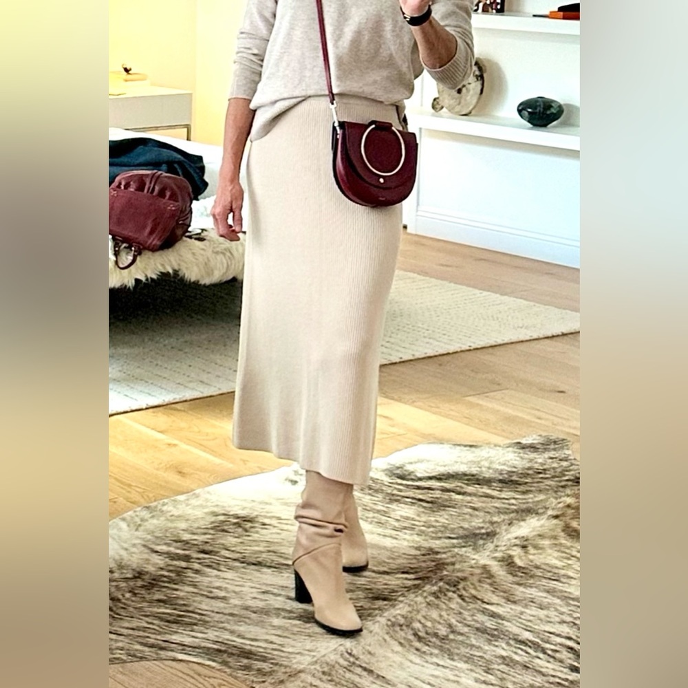 Sezane ‘Naelle” Cream, Rib-Knit, Wool Blend Midi Skirt.